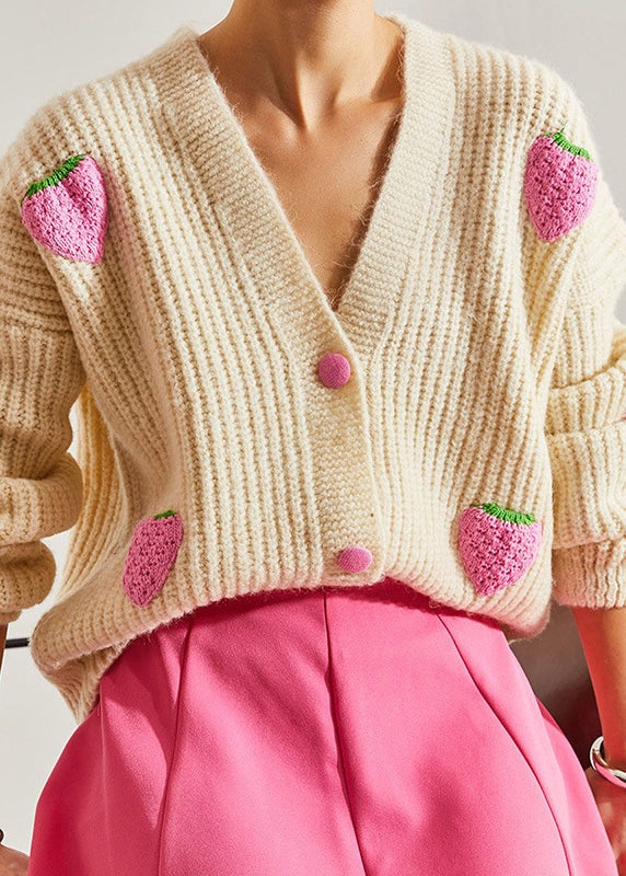 Women Beige V Neck Hook Flower Knit Cardigan Fall