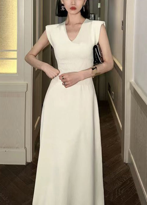 Women Beige V Neck Solid Cotton Long Dresses Sleeveless