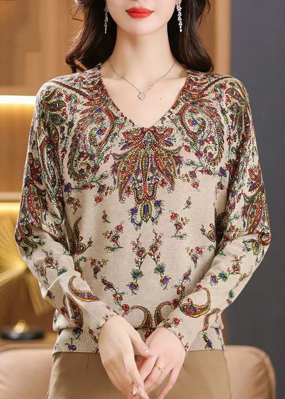 Women Beige V Neck Zircon Print Woolen Sweater Tops Spring