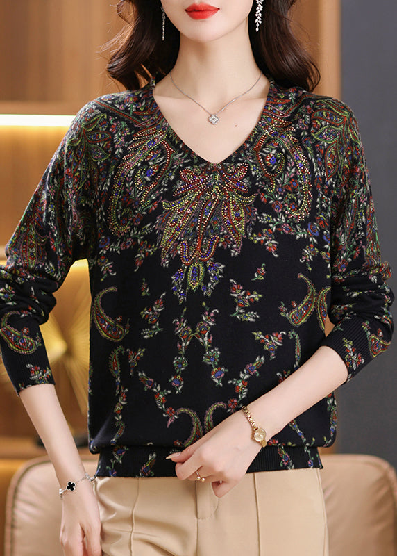 Women Beige V Neck Zircon Print Woolen Sweater Tops Spring