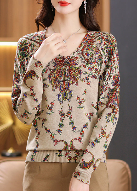 Women Beige V Neck Zircon Print Woolen Sweater Tops Spring