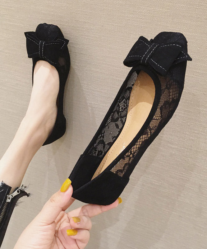 Women Black Bow Tulle Splicing Embroidered Flower Sandals