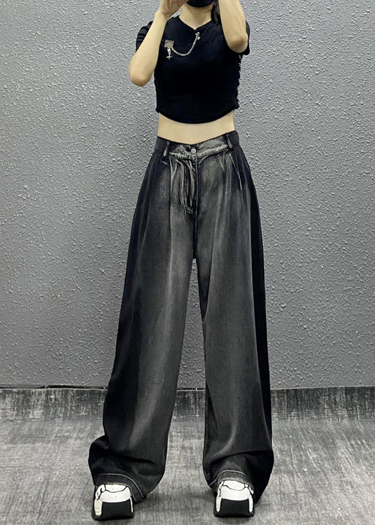 Women Black Grey Pockets Patchwork Denim Wide Leg Pants Fall