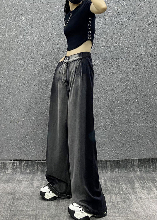 Women Black Grey Pockets Patchwork Denim Wide Leg Pants Fall