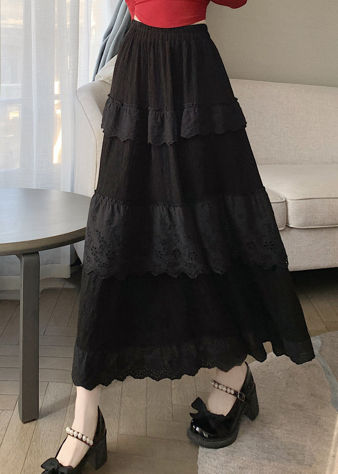 Women Black High Waist Patchwork Cotton Skirts Summer