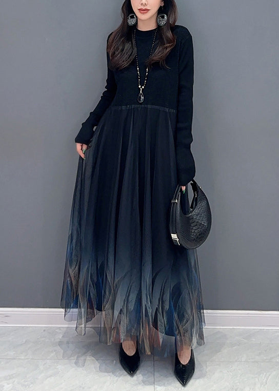 Women Black Knit Patchwork Tulle Dress Long Sleeve