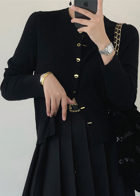 Women Black O Neck Button Patchwork Knit Cardigan Fall