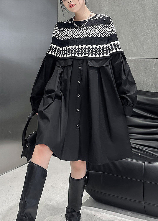 Women Black O Neck Knit Patchwork Cotton Dresses Fall