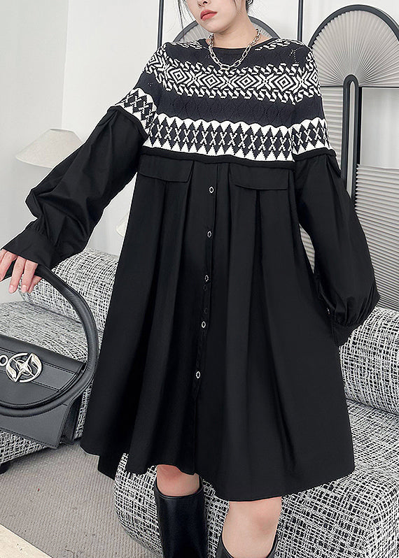 Women Black O Neck Knit Patchwork Cotton Dresses Fall