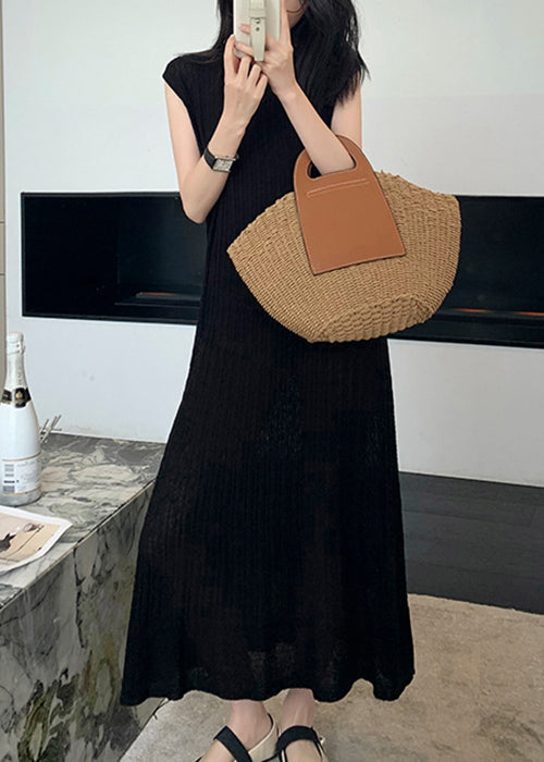 Women Black O-Neck Solid Knit Long Dresses Summer