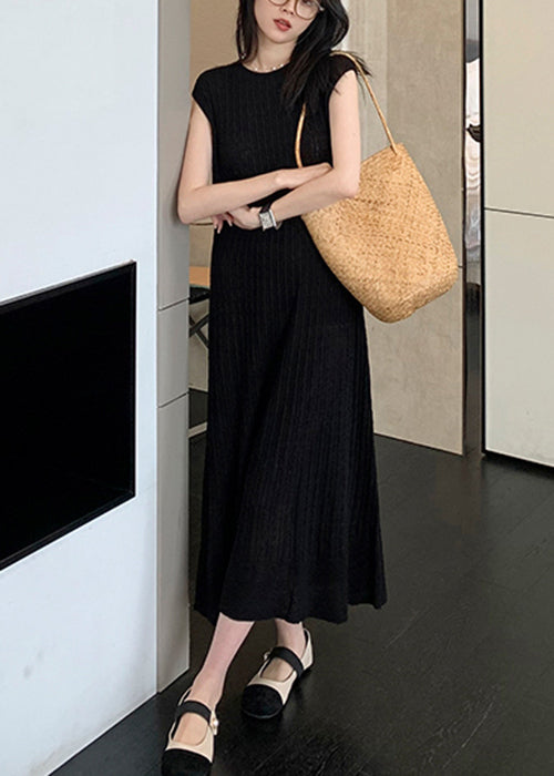 Women Black O-Neck Solid Knit Long Dresses Summer