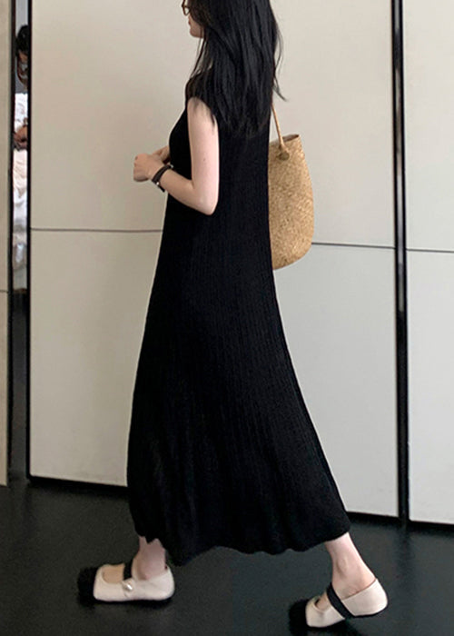 Women Black O-Neck Solid Knit Long Dresses Summer