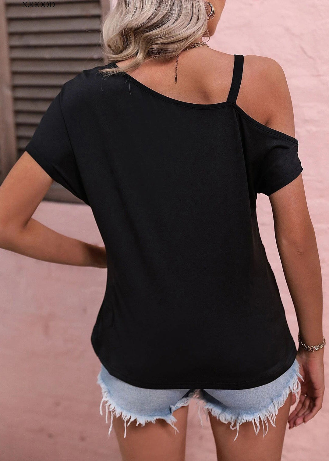 Women Black One Shoulder Asymmetrical Design Cotton Tanks Summer