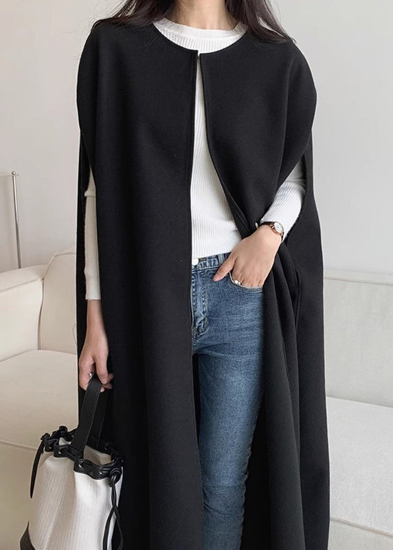 Women Black Oversized Pockets Woolen Coats Sleeveless