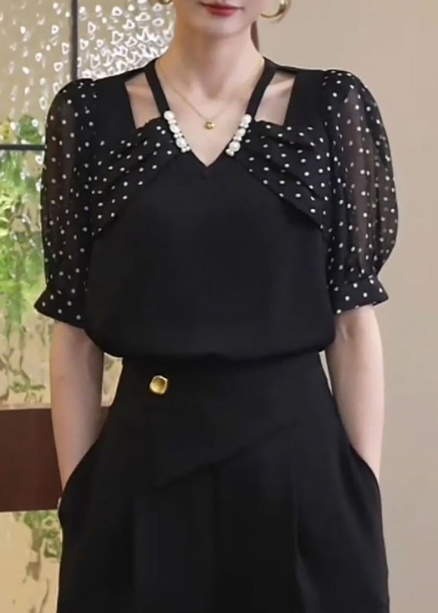 Women Black Patchwork Dot Print Hollow Out Chiffon Shirt Short Sleeve