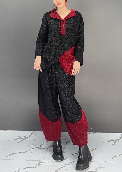 Women Black Patchwork Tops And Pants Cotton Two Pieces Set Fall