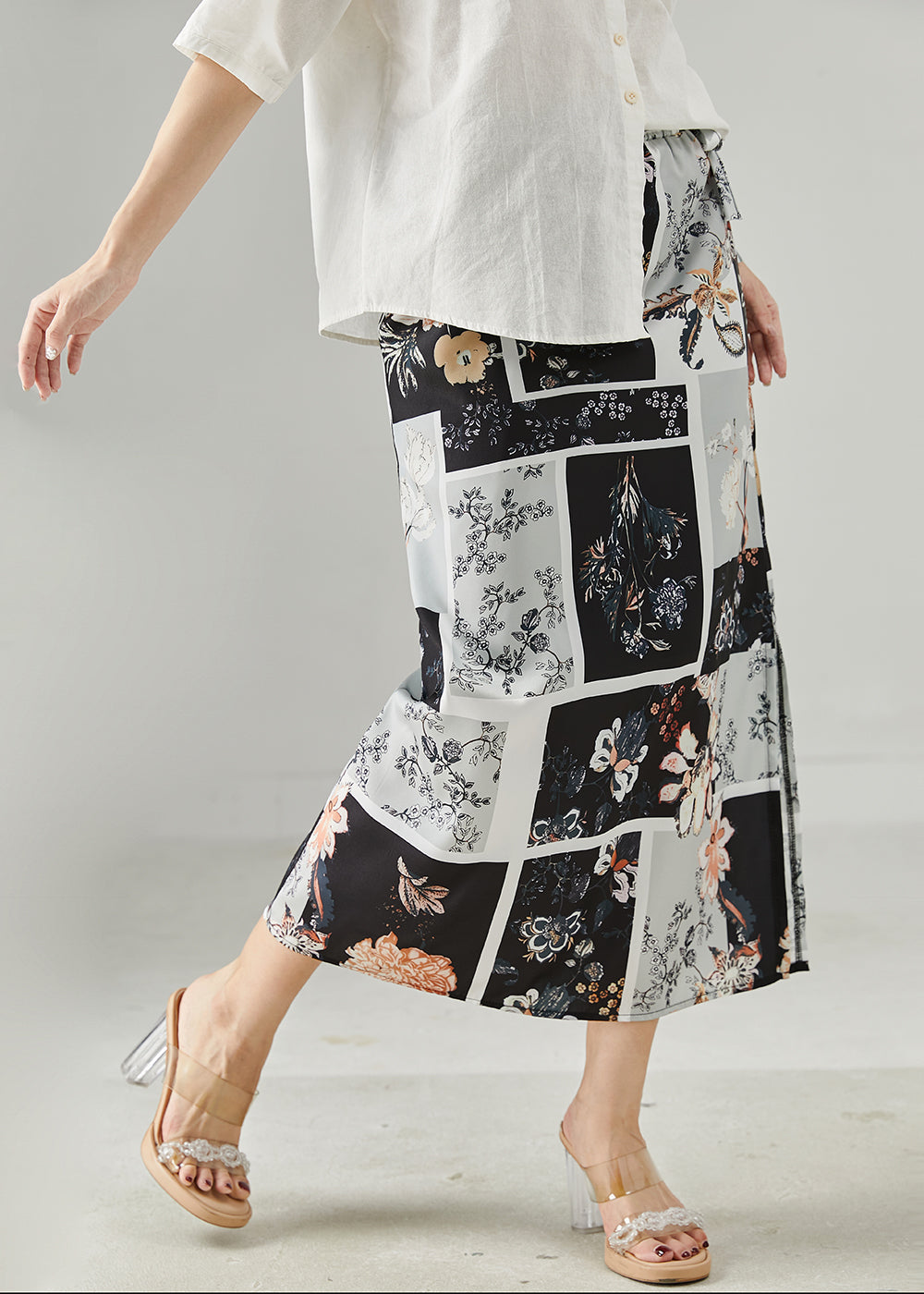 Women Black Print Side Open Chiffon Skirts Summer