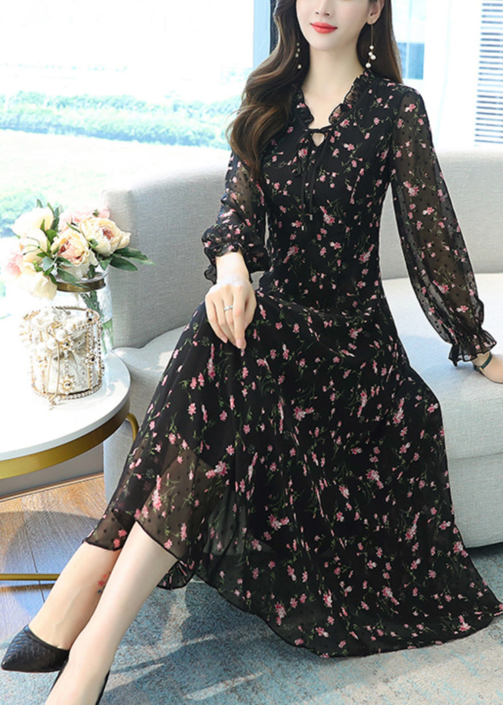 Women Black Ruffled Print Chiffon Long Dress Spring