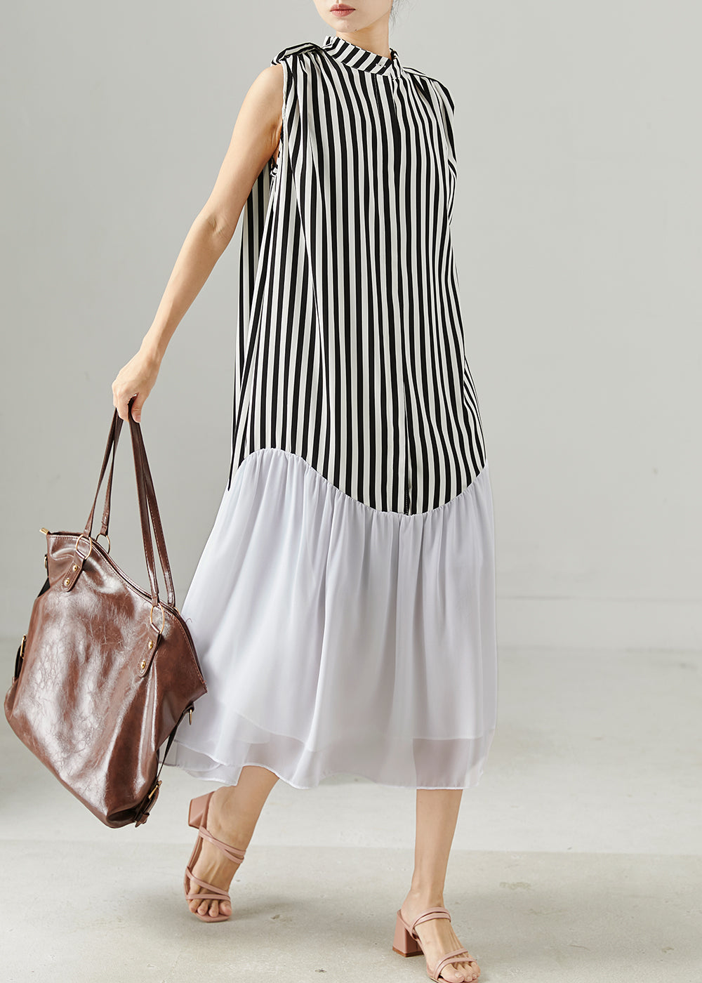 Women Black Striped Patchwork Chiffon Holiday Dress Sleeveless