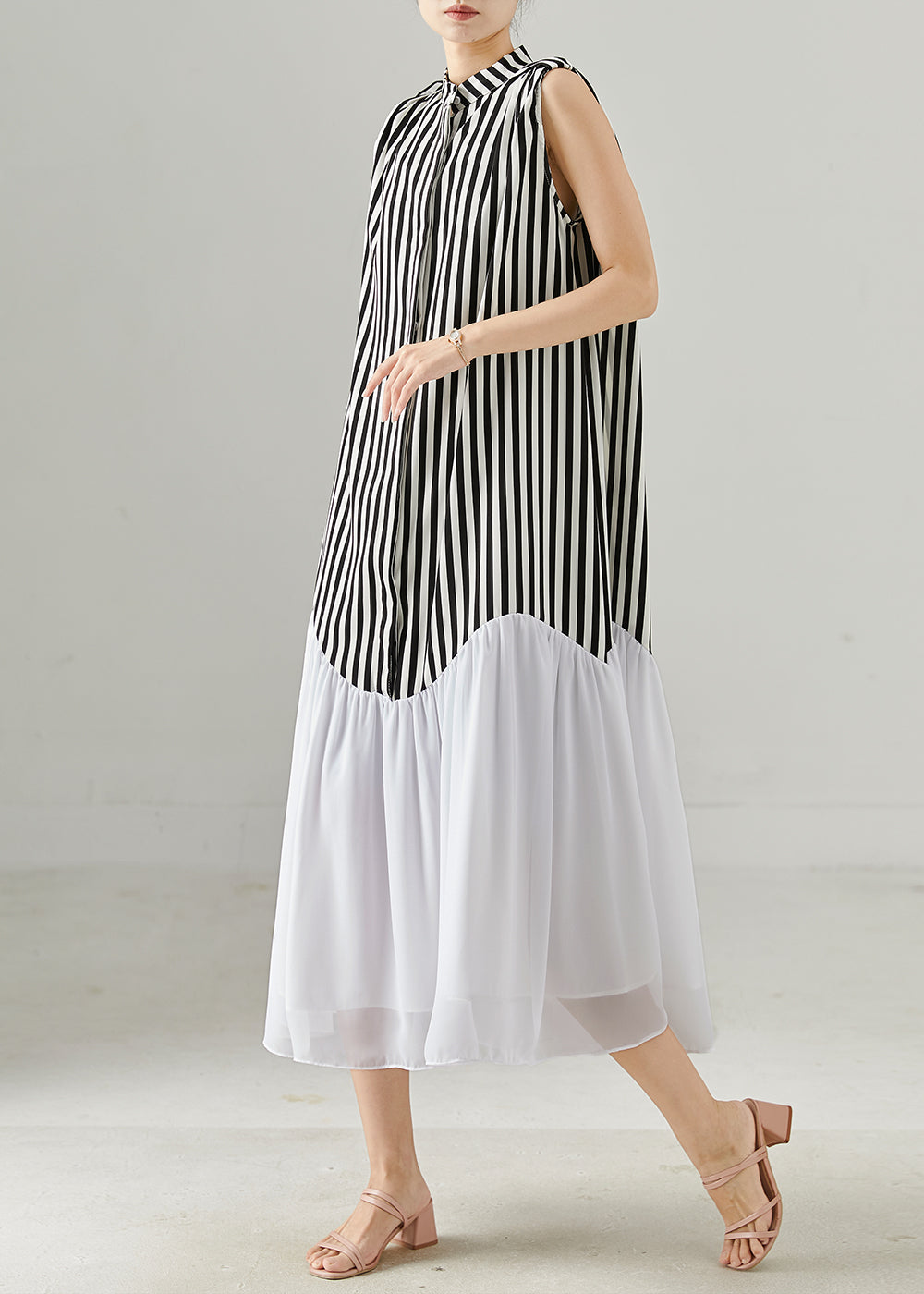 Women Black Striped Patchwork Chiffon Holiday Dress Sleeveless