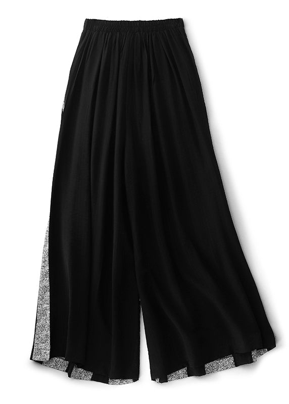 Women Black Striped Patchwork Cotton Wide Leg Pants Fall