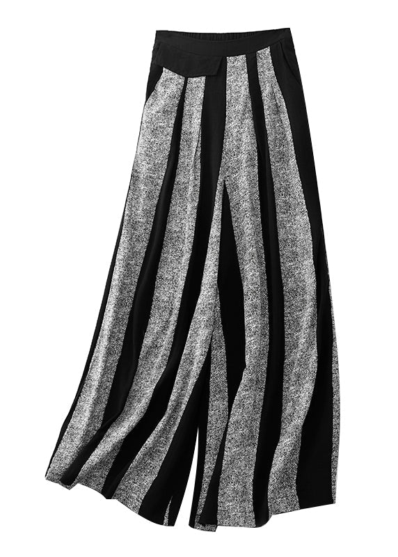 Women Black Striped Patchwork Cotton Wide Leg Pants Fall