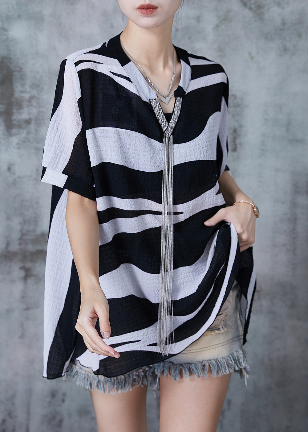 Women Black Tasseled Striped Chiffon Tops Summer