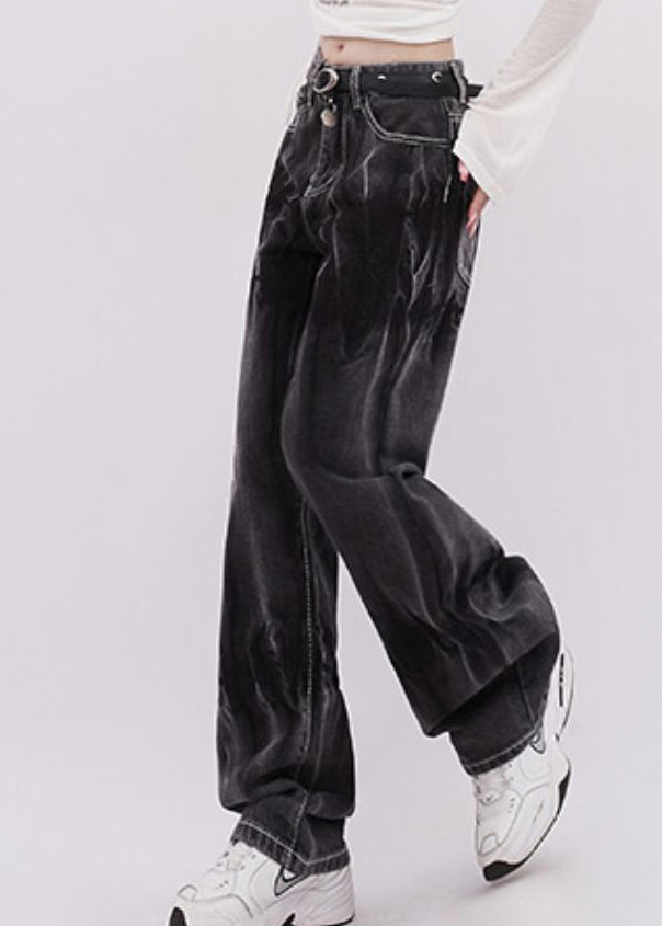 Women Black Tie Dye Denim Straight Pants Spring