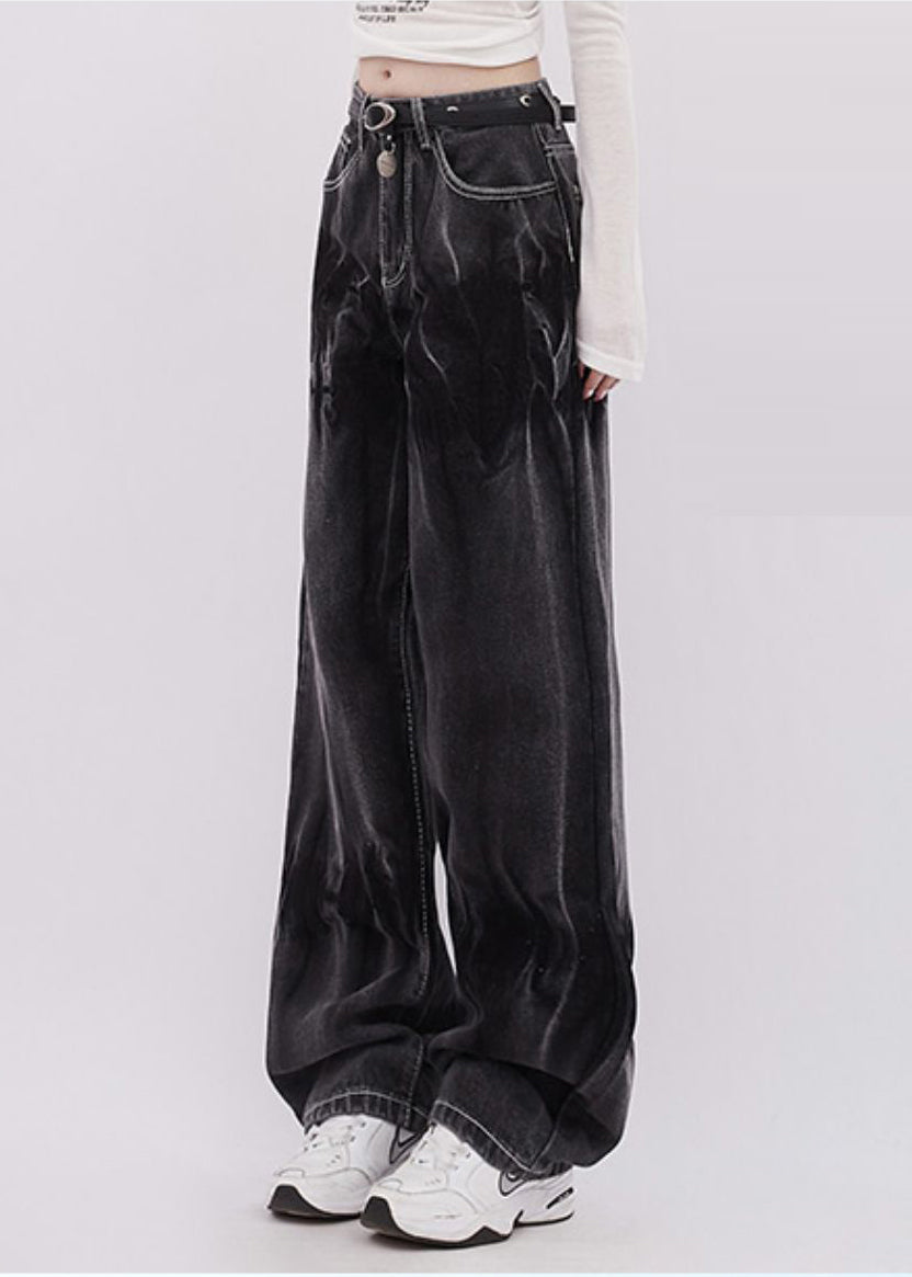 Women Black Tie Dye Denim Straight Pants Spring