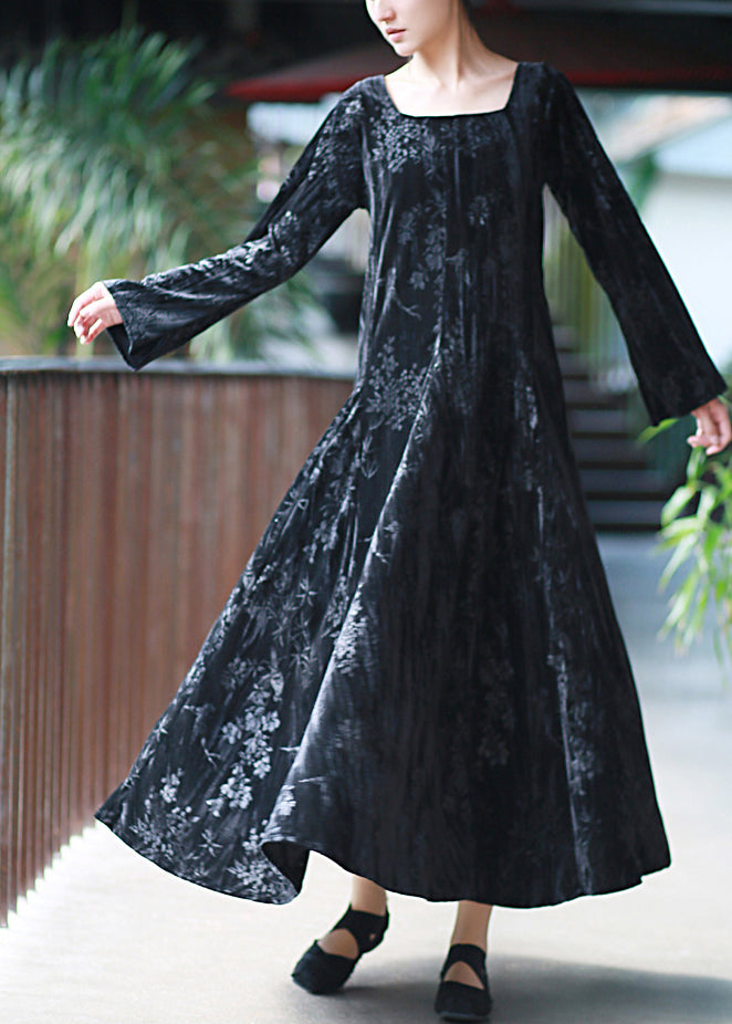 Women Black U Neck Print Velvet Long Dresses Fall