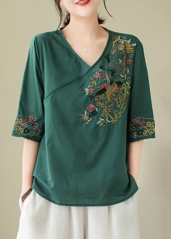 Women Blackish Green Embroidered Side Open Cotton Blouses Summer