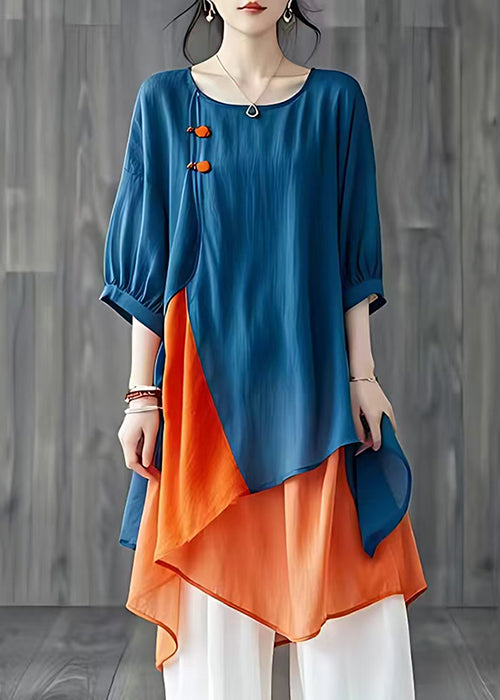 Women Blue Asymmetrical Patchwork Cotton Shirt Tops Summer