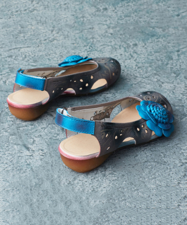 Women Blue Cowhide Splicing Buckle Strap Sandals