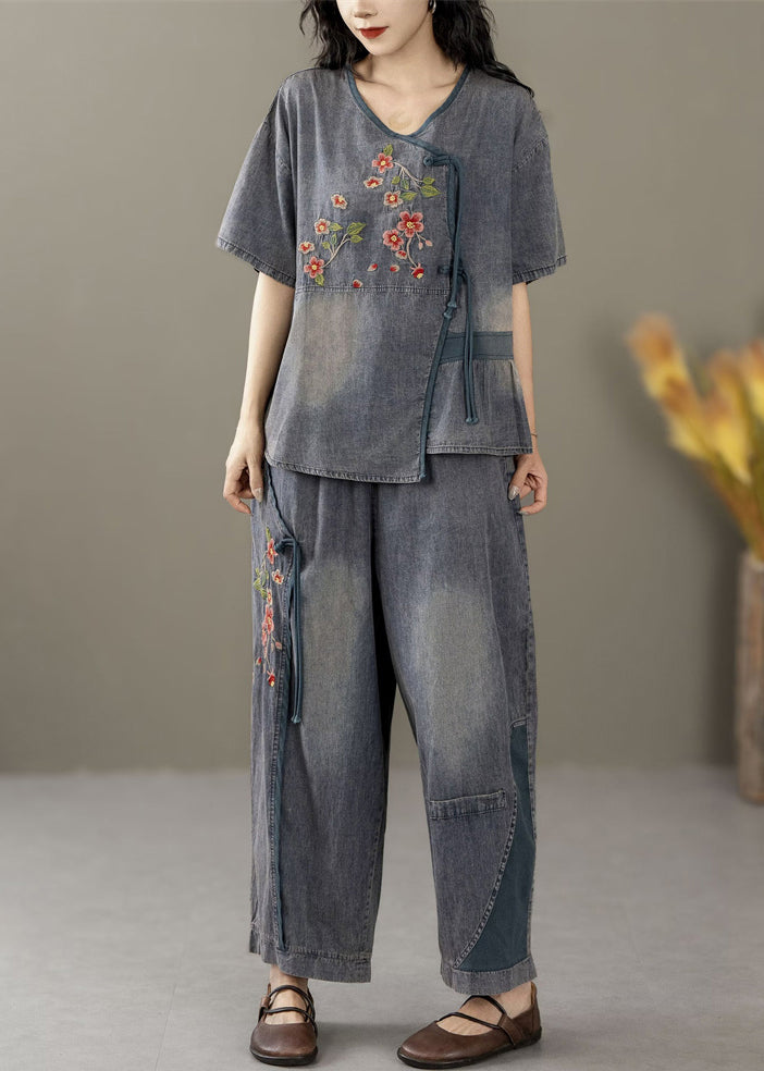 Women Blue Embroidered Tops And Crop Pants Denim Two Pieces Set Summer