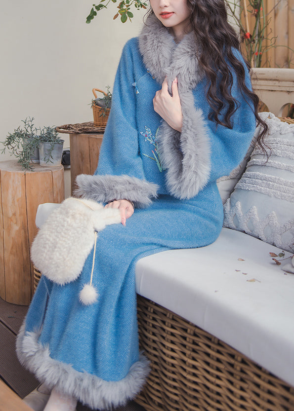 Women Blue Fur Collar Tops And Skirts Cotton Filled Two Pieces Set Winter