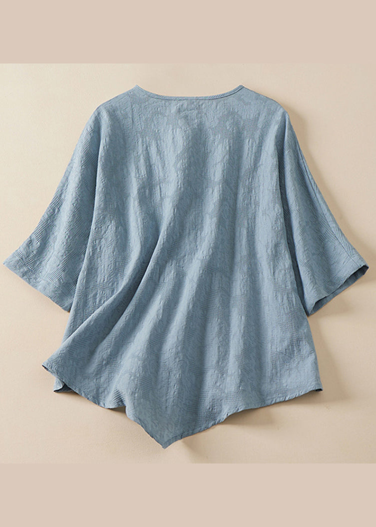 Women Blue O Neck Chinese Button Jacquard Linen Shirt Summer