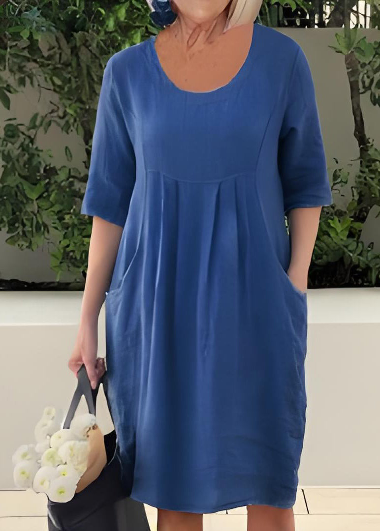 Women Blue O Neck Pockets Patchwork Cotton Dresses Summer