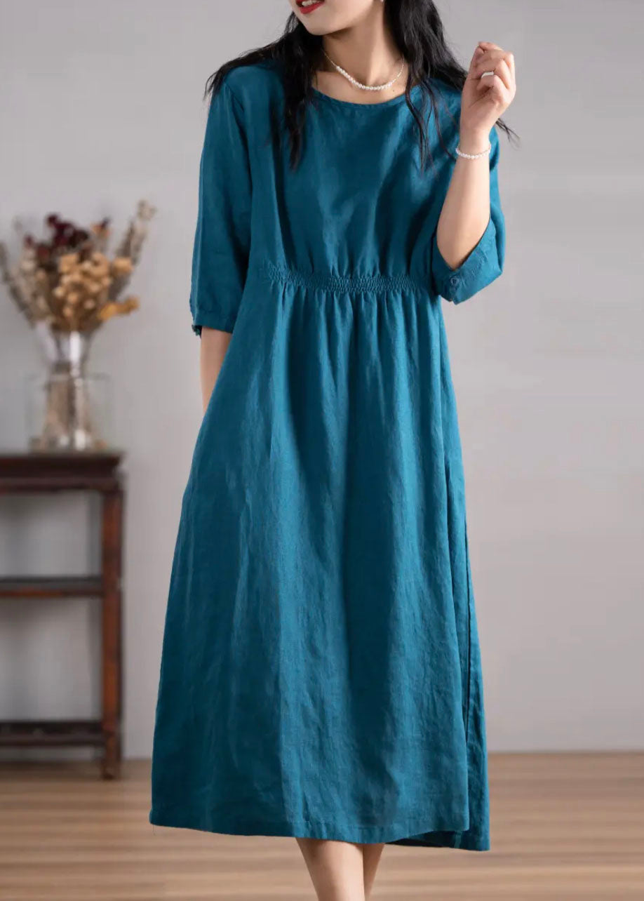 Women Blue O Neck Pockets Wrinkled Linen Dresses Summer