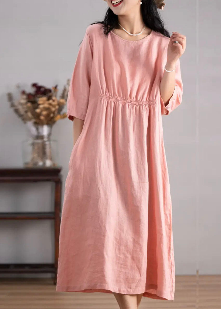 Women Blue O Neck Pockets Wrinkled Linen Dresses Summer