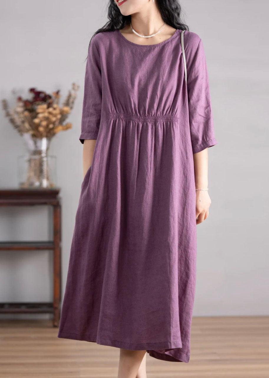 Women Blue O Neck Pockets Wrinkled Linen Dresses Summer