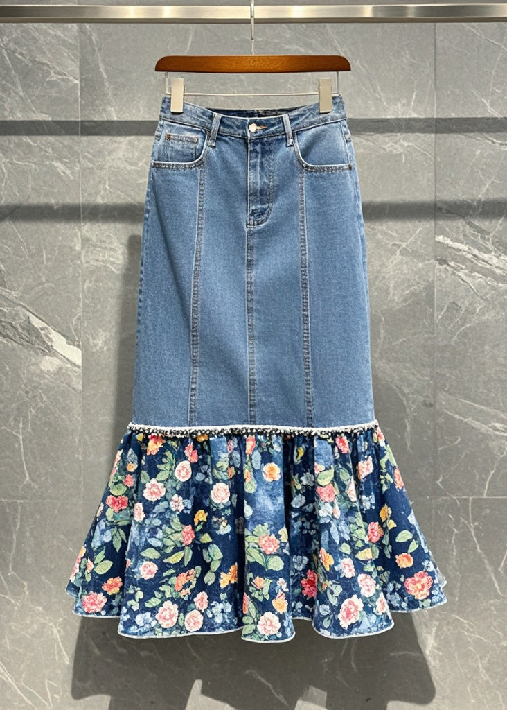 Women Blue Patchwork Print Denim Wraped Skirt Fall