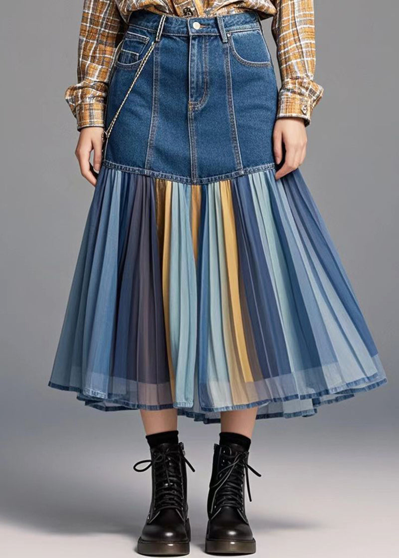 Women Blue Patchwork Rainbow Striped Denim Skirt Fall