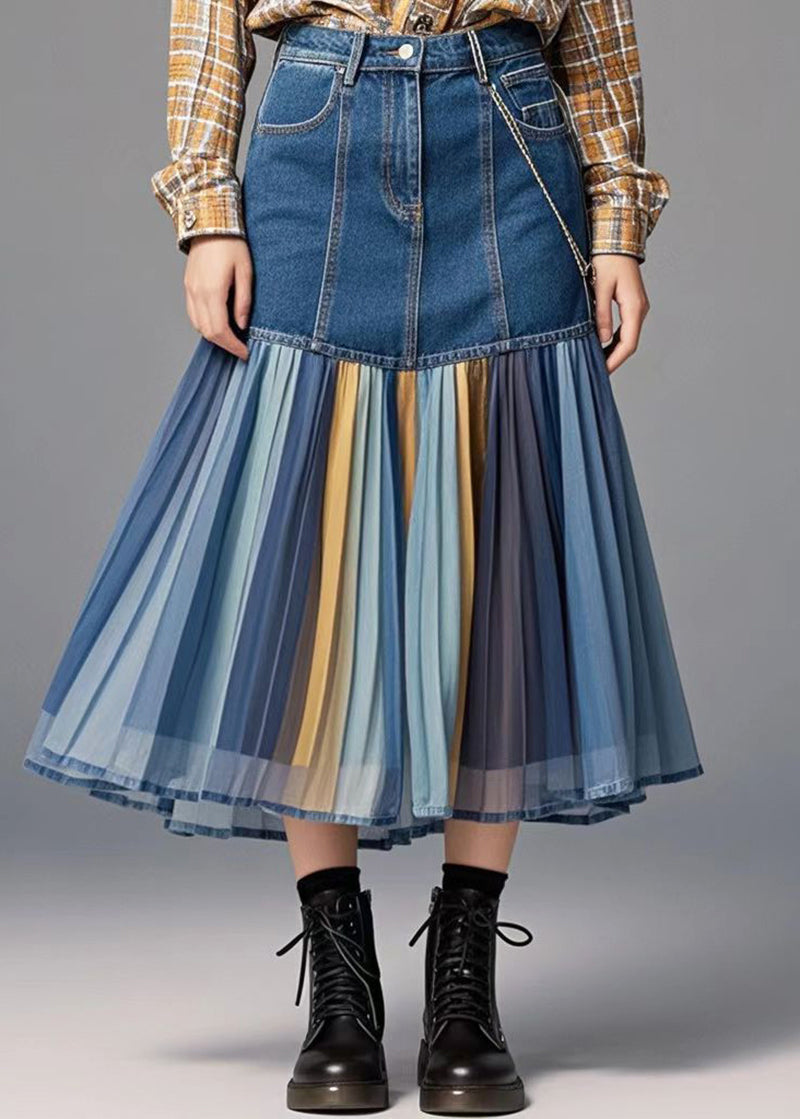 Women Blue Patchwork Rainbow Striped Denim Skirt Fall