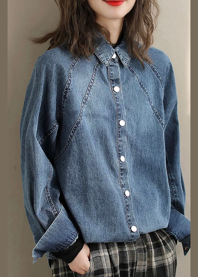 Women Blue Peter Pan Collar Denim Shirts Spring