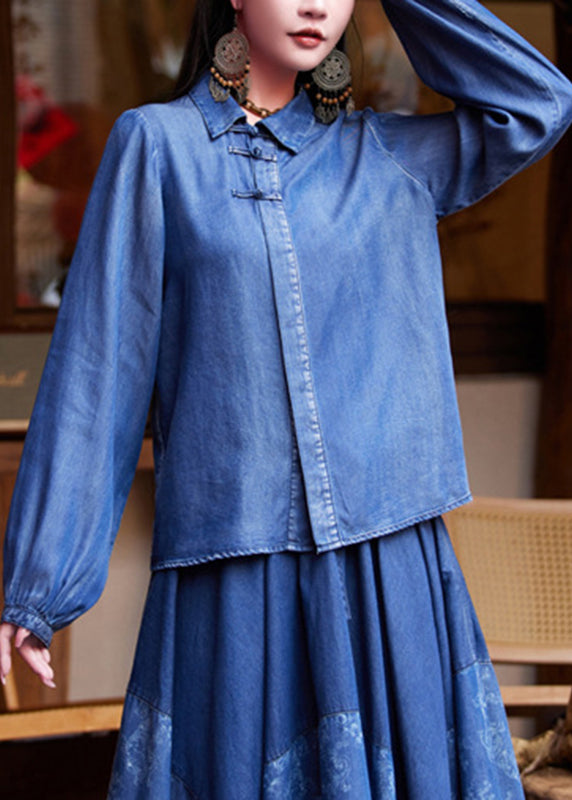 Women Blue Peter Pan Collar Patchwork Button Silk Cotton Denim Shirt Long Sleeve