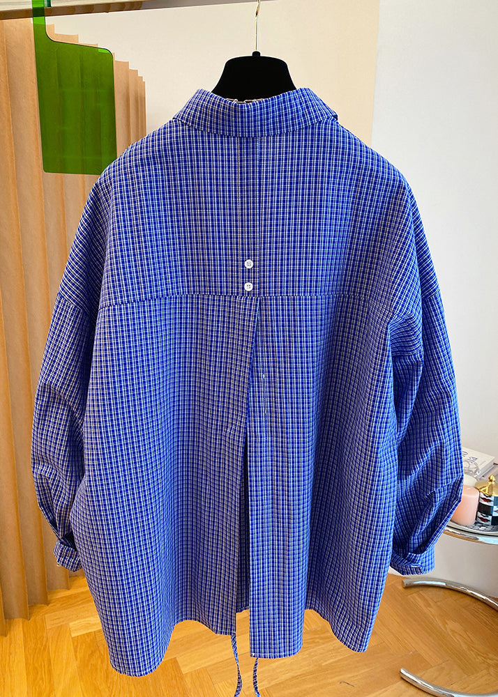 Women Blue Peter Pan Collar Plaid Cotton Shirts Top Fall