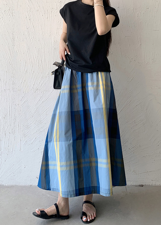 Women Blue Plaid Exra Large Hem Cotton Skirt Spring