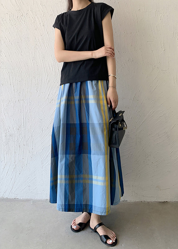 Women Blue Plaid Exra Large Hem Cotton Skirt Spring