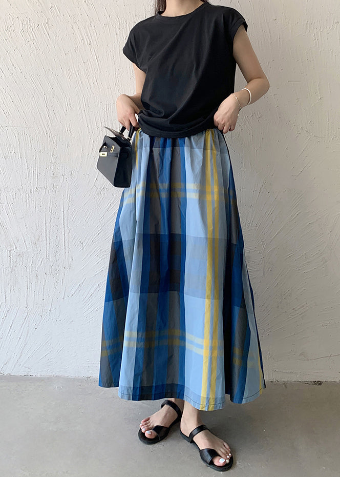 Women Blue Plaid Exra Large Hem Cotton Skirt Spring