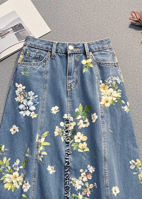 Women Blue Ruffled Print Denim Skirt Fall